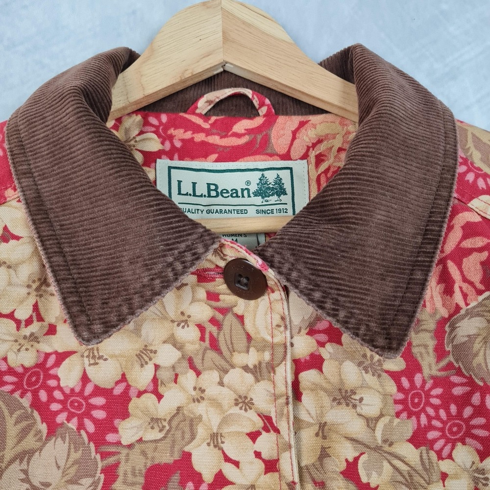 LL Bean Jacket Womens Medium Red Floral Canvas Corduroy Collar Lined Barn Coat - Picture 2 of 16